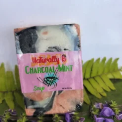 Naturally B Charcoal Mint Soap Standing on a table with leaves and flowers