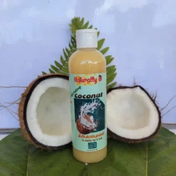 Bottle of Naturally B coconut shampoo nestled on a leaf between 2 halves of a split coconut.